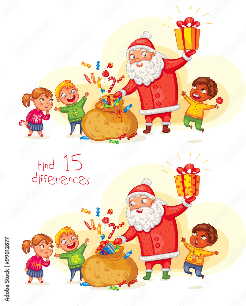 Find 15 differences. Santa Claus brings gifts to children. Merry Christmas and happy New Year. Funny cartoon character. Vector illustration. Isolated on white background