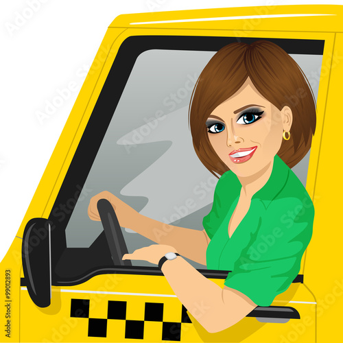 taxi female driver with sunglasses in yellow car smiling