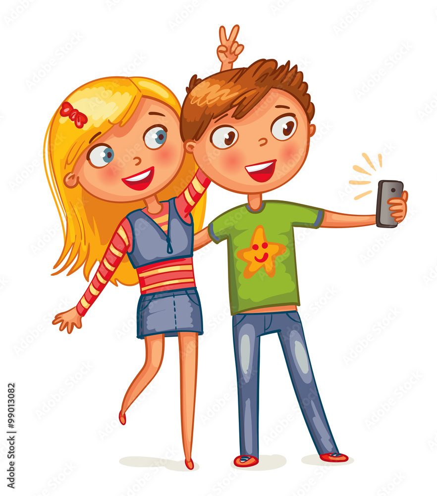 Boy And Girl Posing Together Friends Making Selfie Funny Cartoon Character Vector Illustration Isolated On White Background Stock Vector Adobe Stock