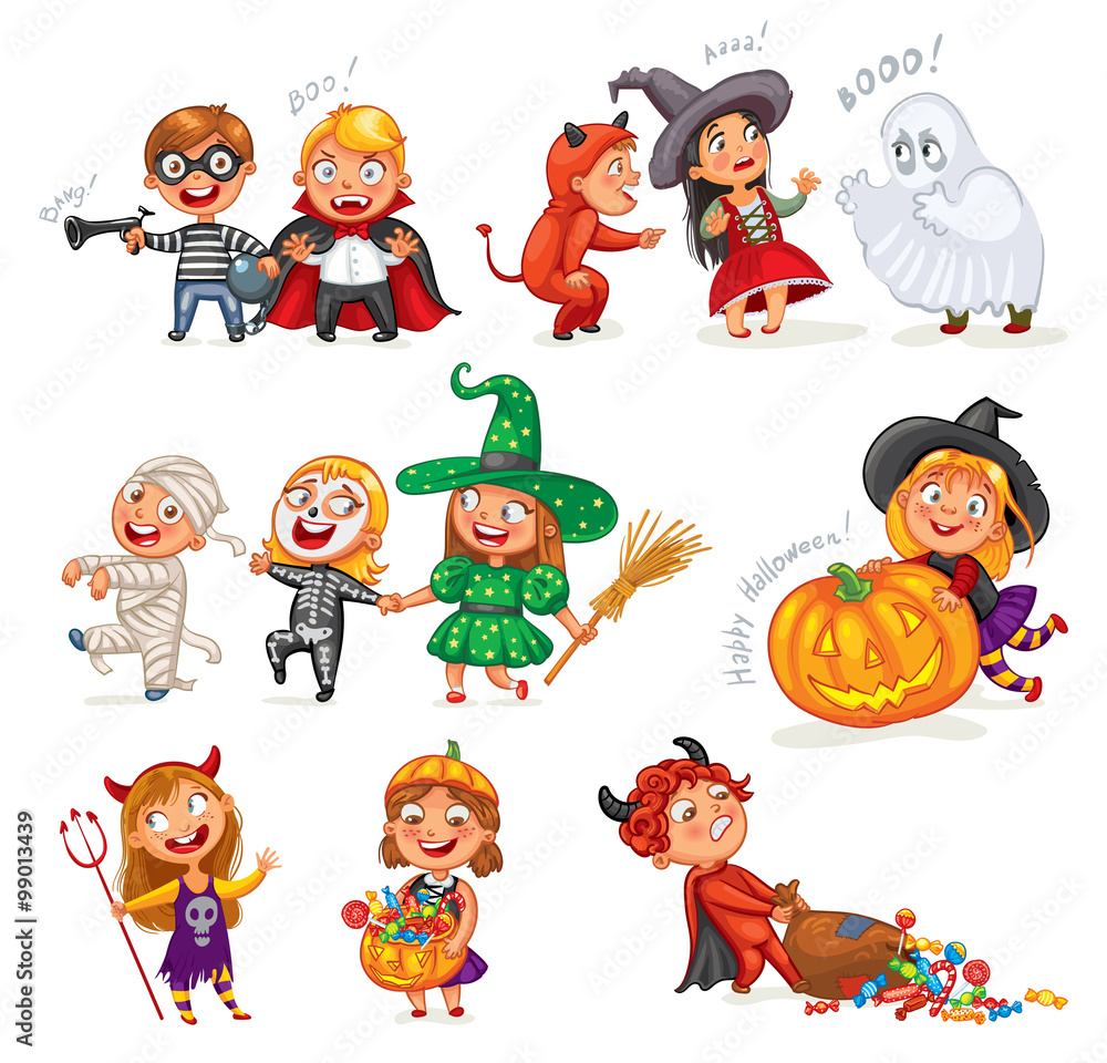 Happy Halloween. Funny little children in colorful costumes. Robber, ghost,  mummy, skeleton, witch, vampire, devil. Cartoon character. Vector  illustration. Isolated on white background Stock Vector | Adobe Stock