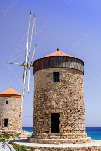 Medieval windmills at the Mandraki harbor in Rhodes.
