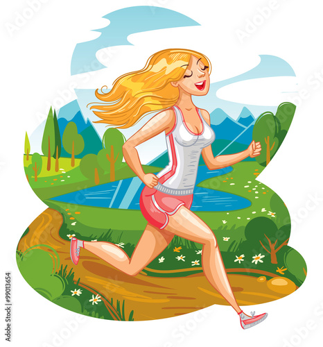 Running woman. Girl jogging on trail in summer sunny day. Healthy lifestyle. Funny cartoon character. Vector illustration. Isolated on white background