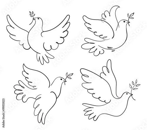 Set of vector symbols dove of peace. Black and white illustration