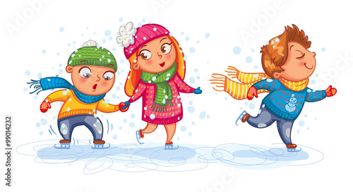 Playing outdoor. Funny children are skating. Cute cartoon character. Vector illustration. Isolated on white background