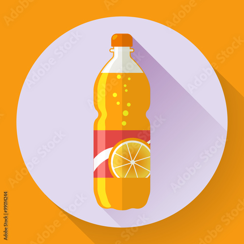 Vector bottle with orange soda liquid. Flat designed style