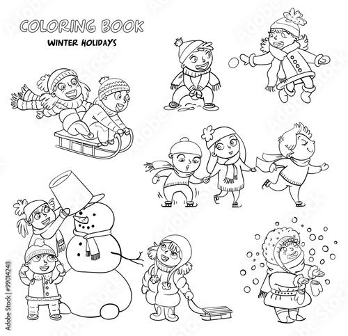 Playing outdoor. Children sledding. Boy and girl playing in snowballs. Schoolchildren making the snowman. Girl trying to catch snowflakes with her tongue. Funny cartoon character. Coloring book