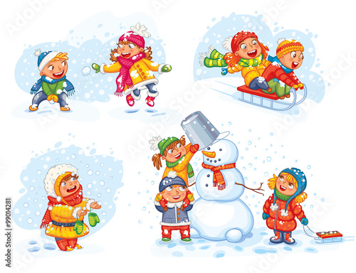 Playing outdoor. Children sledding. Boy and girl playing in snowballs. Schoolchildren making the snowman. Girl trying to catch snowflakes with her tongue. Funny cartoon character. Vector illustration.
