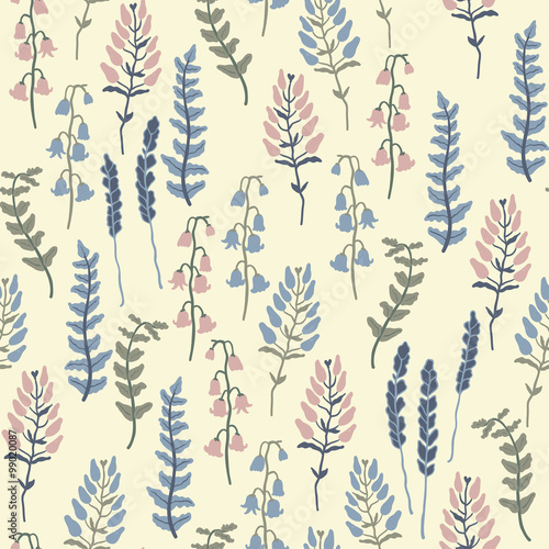 Trendy vector seamless pattern with forest plants  leaves  seeds and cones.