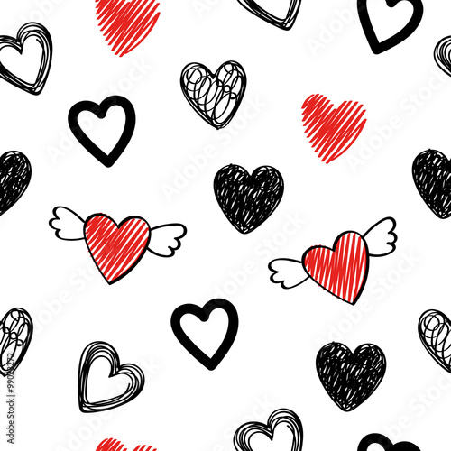 Doodle hearts pattern. Vector seamless background.