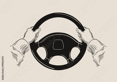driver holding car steering wheel. vector graphic