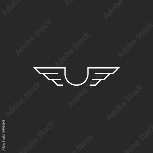 Letter U monogram wings logo mockup, thin line design element, creative idea fiying emblem