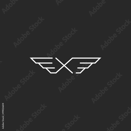 Winged letter X monogram logo mockup, design element thin line shape, black and white wedding invitation emblem