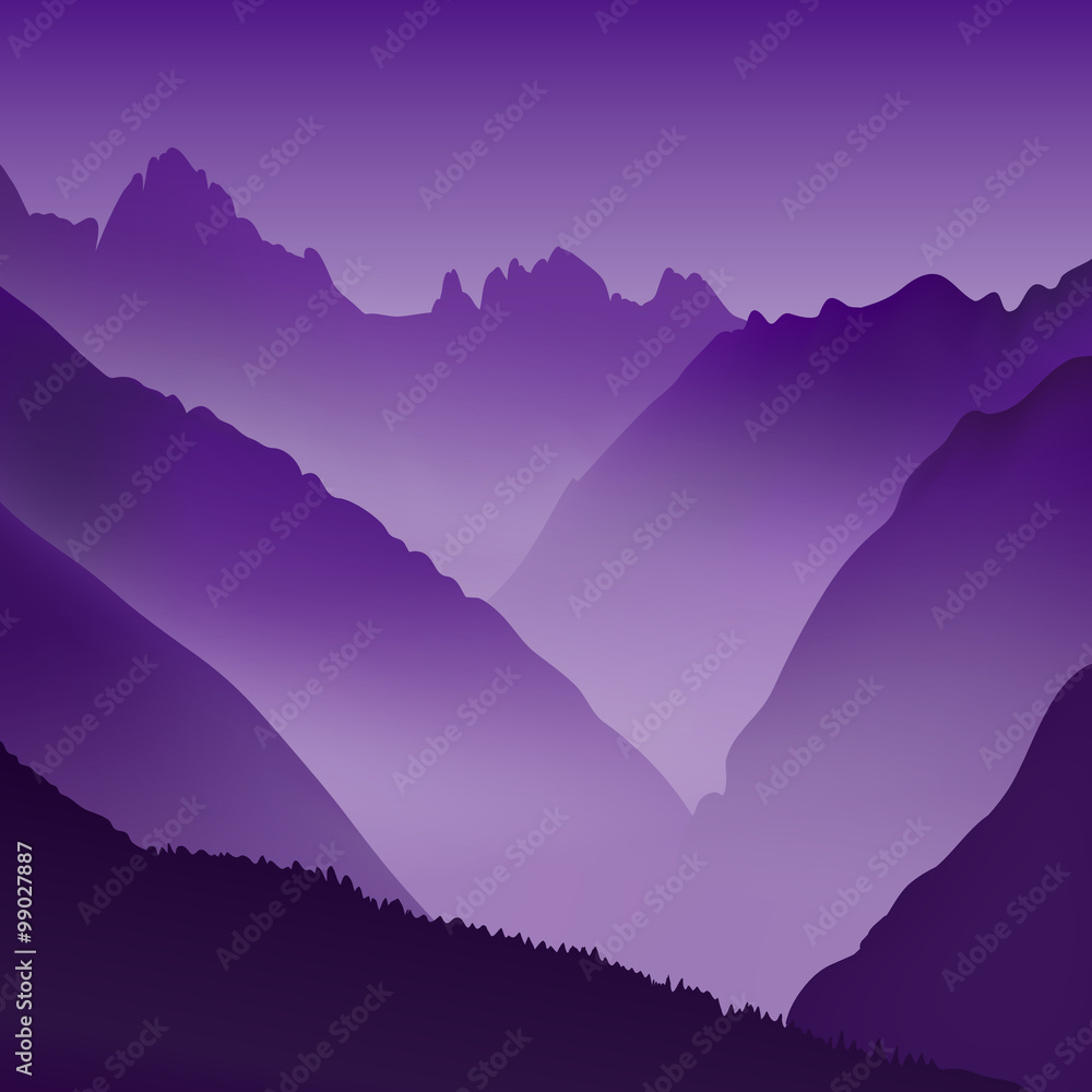 Lifeless landscape with huge mountains. Vector panorama in violet tones.
