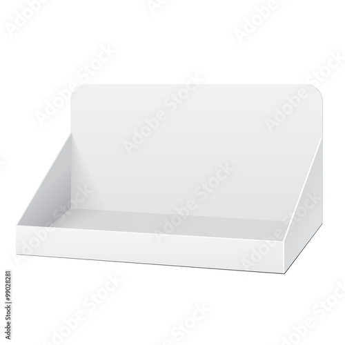 White Holder Box POS POI Cardboard Blank Empty Displays Products On White Background Isolated. Ready For Your Design. Product Packing. Vector EPS10 