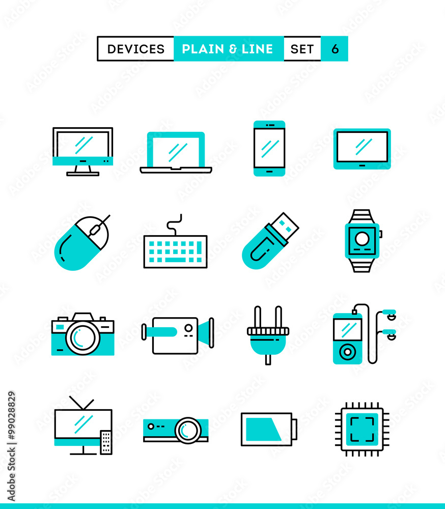 Technology, devices, gadgets and more. Plain and line icons set Technology, devices, gadgets and more. Plain and line icons set