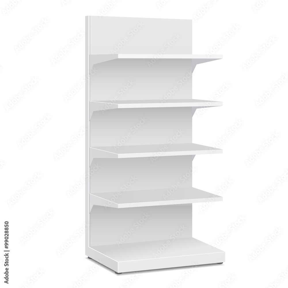 White Blank Empty Showcase Displays With Retail Shelves Products On White Background Isolated. Ready For Your Design. Product Packing. Vector EPS10 White Blank Empty Showcase Displays With Retail Shelves Products On White Background Isolated. Ready For Your Design. Product Packing. Vector EPS10