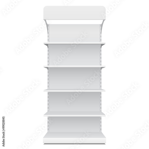 White Blank Empty Showcase Displays With Retail Shelves Front View 3D Products On White Background Isolated. Ready For Your Design. Product Packing. Vector EPS10