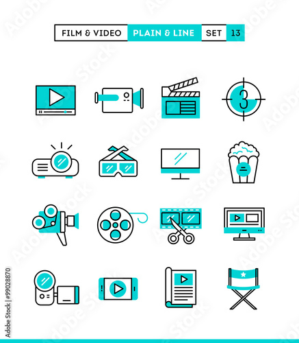 Film, video, shooting, editing and more. Plain and line icons set