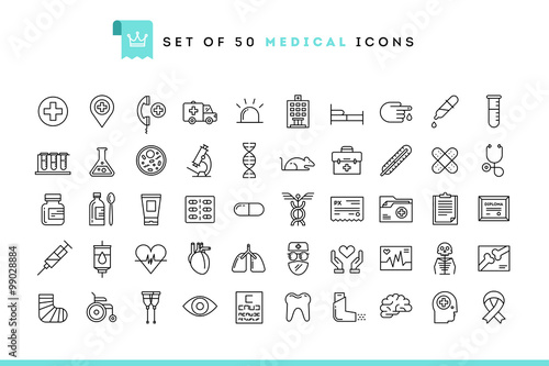 Set of 50 medical icons, thin line style