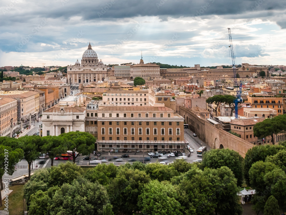 A wide shot of The Vatican City and St. Peter’s Basilica (cathedral) with the epic dome.
