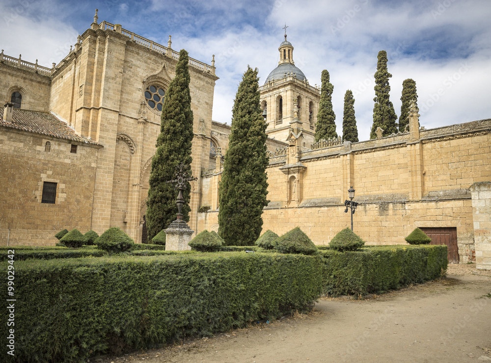 garden and the cathedral in Ciudad Rodrigo, Salamanca, Spain