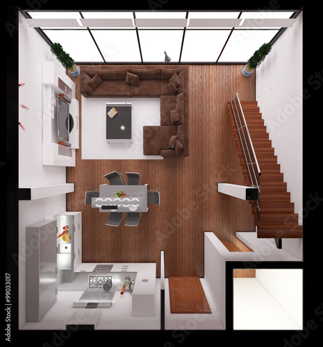 3D Interior rendering of a modern tiny loft