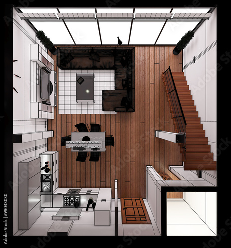 3D Interior rendering of a modern tiny loft