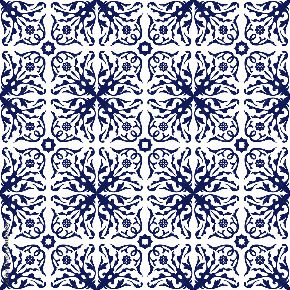 Seamless background image of vintage blue spiral flower vine kaleidoscope pattern.
