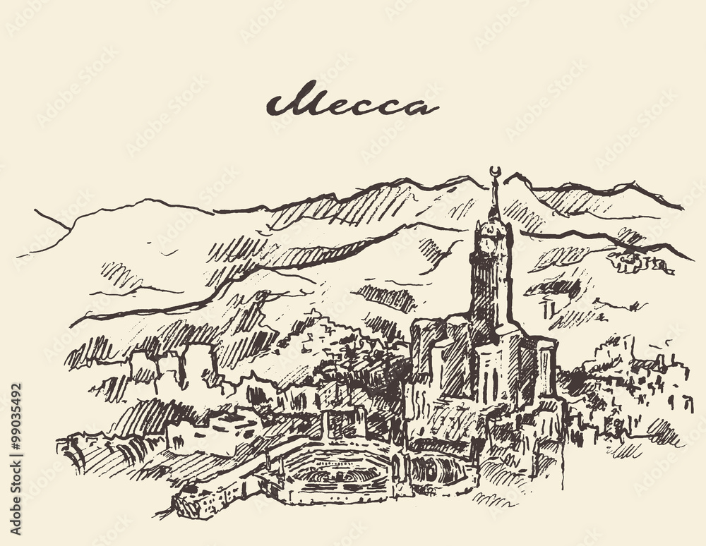 Mecca Saudi Arabia skyline vector drawn sketch Mecca Saudi Arabia skyline vector drawn sketch