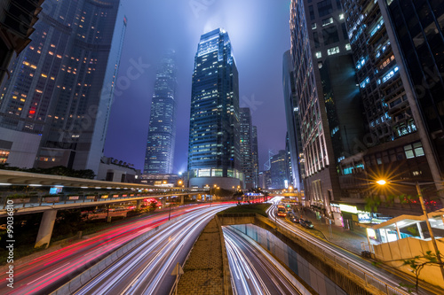 Mist Hong Kong Central District at Night with Light Track