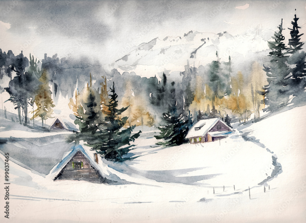 Obraz premium Winter landscape with mountain village covered with snow. Picture created with watercolors on paper.