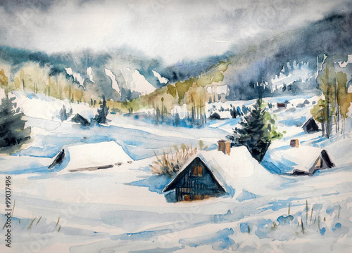 Winter landscape with mountain village covered with snow. Picture created with watercolors on paper.