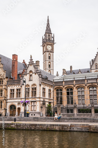 Medieval buildings and the clock tower in Ghent, Belgium