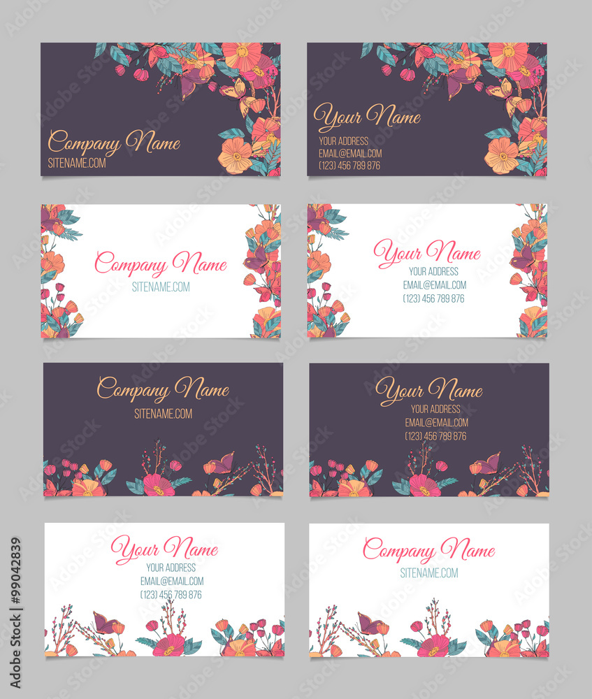 Set of four double-sided floral business cards