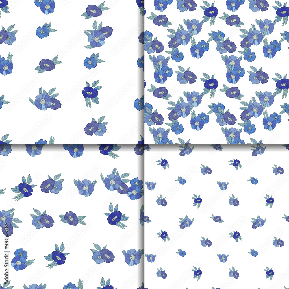 Fototapeta premium Set of four seamless patterns with blue flowers