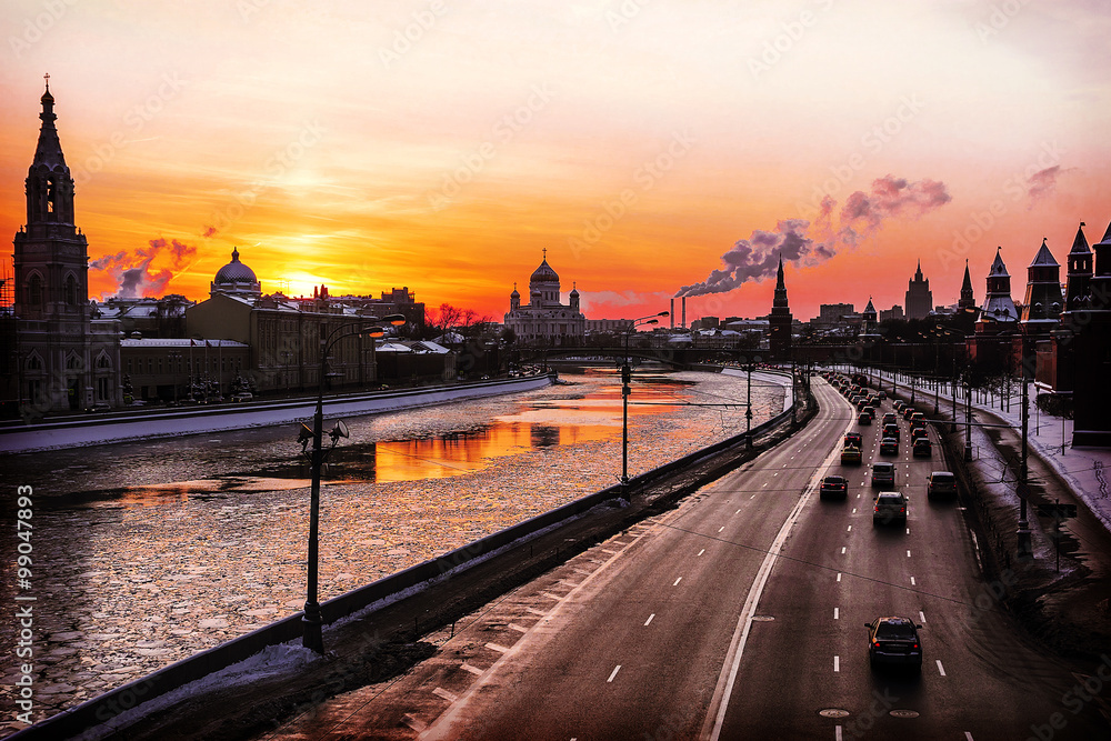 winter sunset in Moscow, Russia