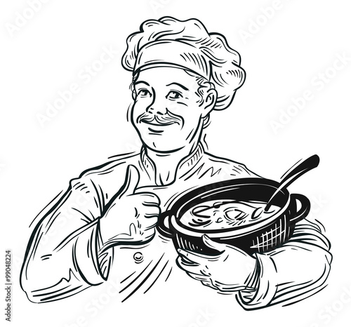 hand-drawn chef with a pot in his hand. vector illustration