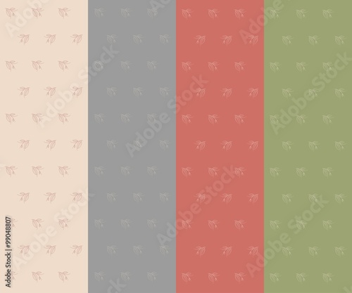 Four seamless texture. Pink, blue outlines of leafs on a pastel pink, blue, red, green background, hand drawn, vector