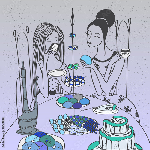 Romantic vector illustration with girls having breakfast with tea and cupcakes.