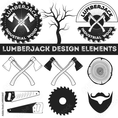 Vintage lumberjack label, emblem and design elements. Two axes with text. Forestry logo label for different projects, cards, invitations. Lumberjack monochrome illustration about timber and wood. 