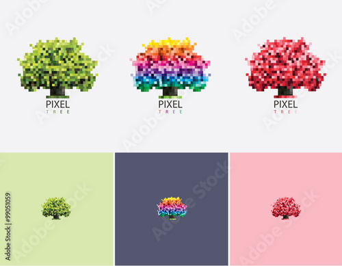 Abstract geometric vivid pixel tree logo set collection in multicolored, green and red versions