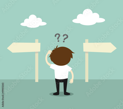 Business concept, Businessman confused about two direction. Vector illustration.