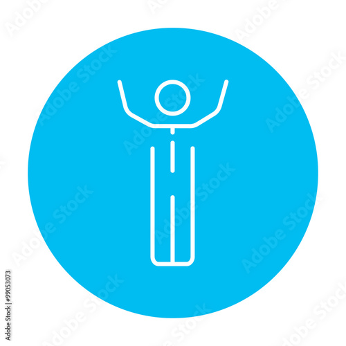 Man with raised arms line icon.
