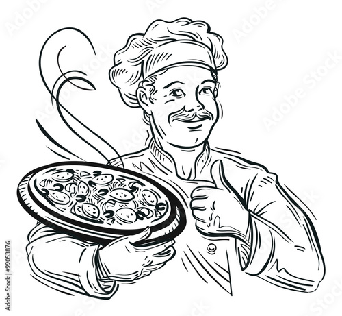 Illustration of an italian cartoon chef with a freshly baked pizza