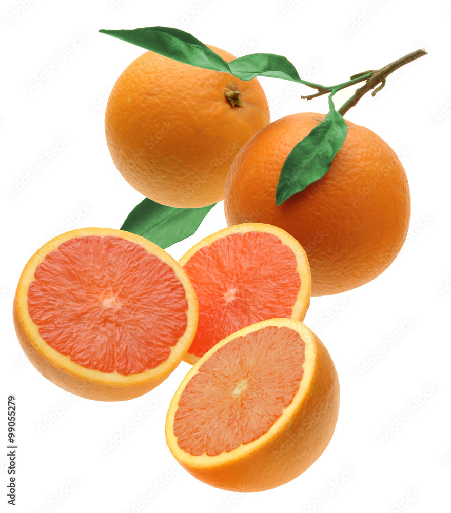 two oranges and three half with green leaves
two oranges and three half with green leaves