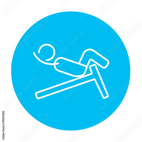 Man doing crunches on incline bench line icon.