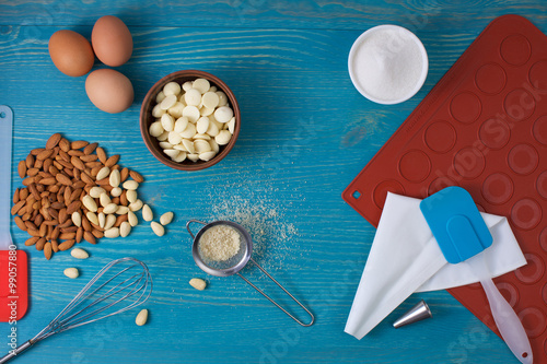 tools and ingredients for making macaroons photo