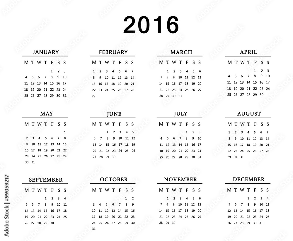 Calendar for 2016 on white background. Calendar for 2016 on white background.