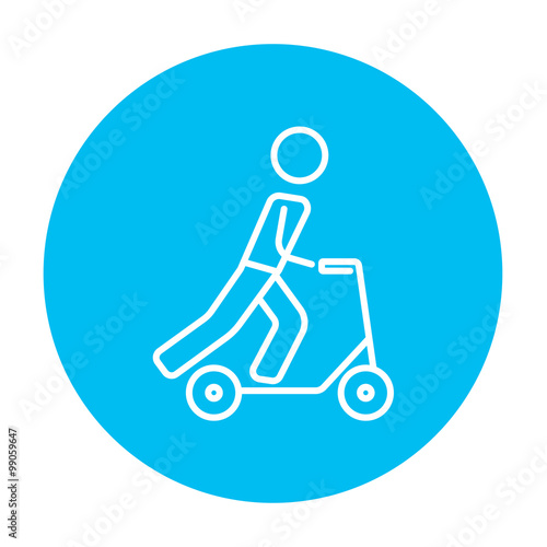 Man riding kick scooter line icon.