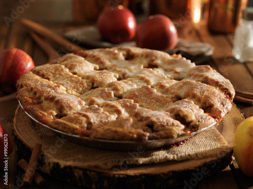 rustic baked apple pie shot close up with selective focus